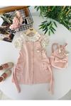 Miniğimin Cicileri Vintage Gül Detaylı Salopet Elbiseli Çantalı Kız Çocuk 3’lü Takım - Pudra
