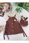 Miniğimin Cicileri Vintage Gül Detaylı Salopet Elbiseli Çantalı Kız Çocuk 3’lü Takım - Acı Kahve