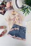 Minigimin Cicileri Ayıcık Detaylı Kot Şortlu Kız Çocuk 3 lü Takım - Pembe