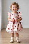 Miniğimin Cicileri Çilek Desenli Sırt Detaylı Tül Etekli Fırfır Kollu Kız Çocuk Elbise - Pudra