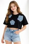 Miniğimin Cicileri 10-16 Yaş Kompak Kot Çiçekli T-shirt Kız Çocuk - Siyah