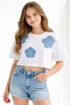 Miniğimin Cicileri 10-16 Yaş Kompak Kot Çiçekli T-shirt Kız Çocuk - Beyaz