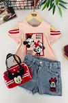 Miniğimin Cicileri Mnn Çantalı Kız Çocuk 3 lü Kot Şortlu Takım - Somon