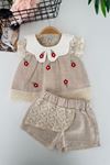 Miniğimin Cicileri Papatya Panç İşleme Desenli Dantel Detaylı Kız Bebek Pamuklu Takım - Bej