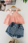 Miniğimin Cicileri Çiçek Aplikeli Güpür Detaylı Kız Bebek Kot Şortlu 2’li Takım - Somon