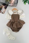 Miniğimin Cicileri Şık Askılı Salopet Görünümlü Kız Bebek Romper 2 li Takım - Kahve