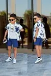 Miniğimin Cicileri Yaprak Baskılı Müslin Gömlekli Atletli Erkek Çocuk Şort Takım - Mavi