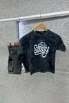 Miniğimin Cicileri Stissy Baskılı Yıkamalı Kot Şortlu Erkek Çocuk Takım - Siyah
