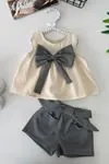 Miniğimin Cicileri Çizgili Fiyonk Detaylı Müslin Kız Bebek Şortlu Takım - Bej