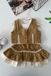 Miniğimin Cicileri Vintage Dantel Katmanlı Kız Çocuk 3 lü Etekli Takım - Camel