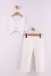 Miniğimin Cicileri Fiyonklu Crop Brode Pantolonlu Kız Çocuk Takım - Ekru