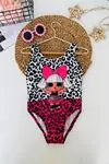 Leopar Sevimli Bebek Baskılı Kız Çocuk Mayo - Fuşya