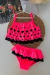 Kalp Desenli Fırfırlı Kız Çocuk Bikini Takımı - Fuşya