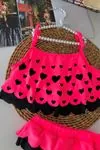 Kalp Desenli Fırfırlı Kız Çocuk Bikini Takımı - Fuşya