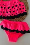 Kalp Desenli Fırfırlı Kız Çocuk Bikini Takımı - Fuşya
