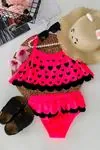Kalp Desenli Fırfırlı Kız Çocuk Bikini Takımı - Fuşya