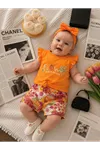 Miniğimin Cicileri Flower Renkli Baskılı Kız Çocuk Şortlu Takım - Turuncu