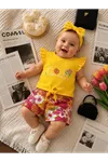 Miniğimin Cicileri Flower Renkli Baskılı Kız Çocuk Şortlu Takım - Sarı