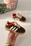 Leopar Desenli Bağcıklı Unisex Çocuk Spor Ayakkabı - Kahve
