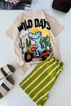 Wild Day Dino Baskılı Çizgili Erkek Çocuk Şort Takım - Yeşil