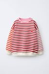 Çizgili Çilek Nakışlı Oversize Kız Çocuk Sweatshirt - Kırmızı