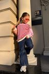 Çilek Nakışlı Çizgili Sweatshirt & Wide Leg Jean Kız Çocuk Takım - Kırmızı