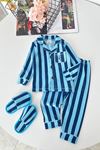 Çizgi Desenli Terlikli Erkek Çocuk Pijama Takımı - Mavi