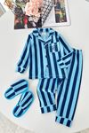 Çizgi Desenli Terlikli Erkek Çocuk Pijama Takımı - Mavi