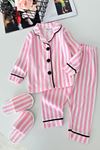 Çizgi Desenli Terlikli Kız Çocuk Pijama Takımı - Açık Pembe