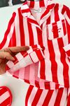 Çizgi Desenli Terlikli Kız Çocuk Pijama Takımı - Kırmızı
