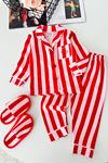 Çizgi Desenli Terlikli Kız Çocuk Pijama Takımı - Kırmızı