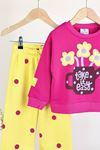 Çiçek Baskılı Sweatshirt Puantiyeli Pantolon Kız Çocuk 2’li Takım - Fuşya