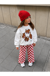 Sevimli Kedicik Baskılı Dama Desenli Unisex Çocuk 2 li Takım - Kırmızı