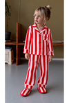 Çizgi Desenli Terlikli Kız Çocuk Pijama Takımı - Kırmızı