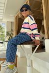 Çizgili Sweat & Damalı Kot Pantolon Owersize Unisex Çocuk 2’li Takım - Pembe
