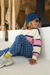 Çizgili Sweat & Damalı Kot Pantolon Owersize Unisex Çocuk 2’li Takım - Pembe