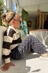 Ayıcık Nakışlı Çizgili Polo Sweat & Damalı Kot Pantolon Unisex Çocuk 2’li Takım - Kahverengi