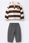 Ayıcık Nakışlı Çizgili Polo Sweat & Damalı Kot Pantolon Unisex Çocuk 2’li Takım - Kahverengi