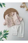 Miniğimin Cicileri Çiçek İşleme Detaylı 3 lü Kız Bebe Takım - Vizon