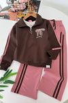 Payet Fiyonk Detaylı Şeritli Kız Çocuk 3 lü Eşofman Takımı - Kahve
