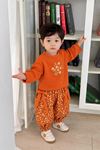 Vintage Çiçek Desenli Şalvarlı Kız Çocuk 2 li Takım - Turuncu