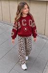 Leopar Detaylo Şık Kız Çocuk Takım - Bordo