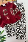 Leopar Detaylo Şık Kız Çocuk Takım - Bordo