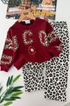 Leopar Detaylo Şık Kız Çocuk Takım - Bordo