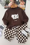 Cow Baskılı Damalı Unisex Çocuk Oversize Takım - Kahverengi