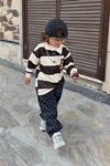 Ayıcık Nakışlı Çizgili Polo Sweat & Damalı Kot Pantolon Unisex Çocuk 2’li Takım - Kahverengi