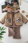 Leopar Cepli Peluş Ceketli Kız Bebek Kışlık 3’lü Takım - Vizon