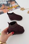 İçi Kürklü Çorap Detaylı Süet Unisex Çocuk Botu - Acı Kahve
