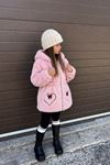 Kalp Fiyonk İşleme Detaylı Kapüşonlu Peluş Kız Çocuk Hırka - Pembe