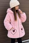 Kalp Fiyonk İşleme Detaylı Kapüşonlu Peluş Kız Çocuk Hırka - Pembe